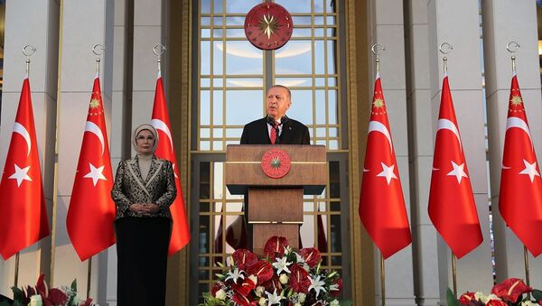 Cumhurbaşkanı Recep Tayyip Erdoğan, 30 Ağustos Zafer Bayramı dolayısıyla Cumhurbaşkanlığı Külliyesi’nde verilen resepsiyonda konuştu. - Sputnik Türkiye