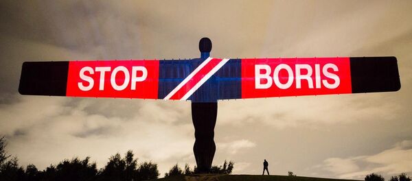 'Kuzeyin Meleği' heykeline Brexit ve Boris Johnson karşıtı mesajlar yansıtıldı, Britanya, Gateshead, 3 Eylül 2019 - Sputnik Türkiye