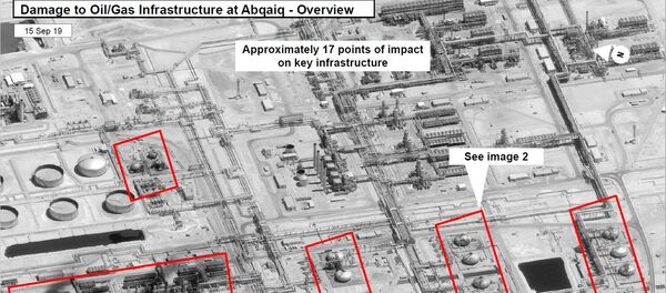 ABD, Suudi petrol devi Aramco'nun iki tesisinde 19 noktanın vurulduğu ve saldırıların batı-kuzey-batı yönünden geldiğine dair uydu görüntüleri yayımladı. ABD, Suudi petrol devi Aramco'nun iki tesisinde 19 noktanın vurulduğu ve saldırıların batı-kuzey-batı yönünden geldiğine dair uydu görüntüleri yayımladı. - Sputnik Türkiye