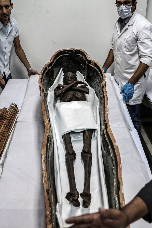 Antik Mısır’da Yeni Krallık döneminde yaşayan üst düzey görevli Sennedjem ve eşine ait olduğu düşünülen, çok iyi korunmuş durumda bulunan mumyalar Kahire’de Mısır Medeniyetleri Ulusal Müzesi’nde görücüye çıktı. - Sputnik Türkiye