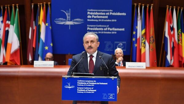 TBMM Başkanı Mustafa Şentop, Avrupa Konseyi'nde düzenlenen Avrupa Parlamento Başkanları Toplantısı'na katılarak konuşma yaptı. - Sputnik Türkiye