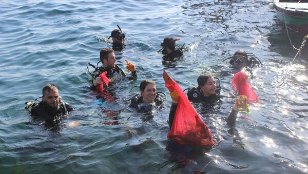Ortaköy Sahilinden suya dalan balık adamlar Boğazın dibinde deniz temizliği yaptı. - Sputnik Türkiye