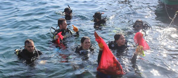 Ortaköy Sahilinden suya dalan balık adamlar Boğazın dibinde deniz temizliği yaptı. - Sputnik Türkiye