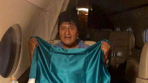 İstifaya zorlanan Bolivya Devlet Başkanı Evo Morales, iltica teklifini kabul ettiği Meksika hükümetinin uçağında ülkenin bayrağını taşırken. - Sputnik Türkiye