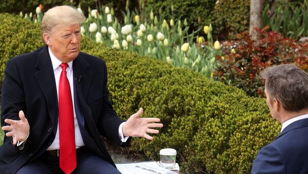 Donald Trump, Beyaz Saray'ın Gül Bahçesi'nde, Fox sunucusu Bill Hemmer'la koronavirüs hakkında konuşurken - Sputnik Türkiye