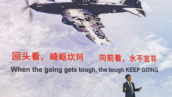 Huawei Global Analist Zirvesi 2020'de savaş uçağı görüntüsü ve İngilizce 'işler zorlaştığında güçlü olan sıyrılır geçer' yazısı altında açıklama yapan Huawei CEO'su Guo Ping, 18 Mayıs 2020, Şenzen, Çin - Sputnik Türkiye